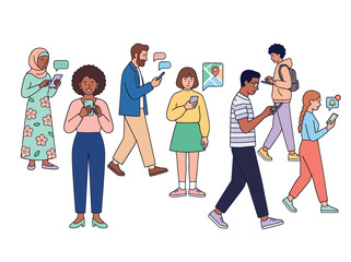 Fototapeta premium Diverse group of people walking while using their smartphones in a line