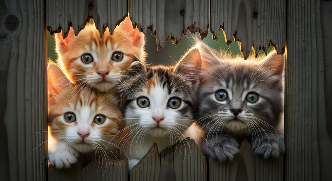 Adorable cats peeking together through a small opening