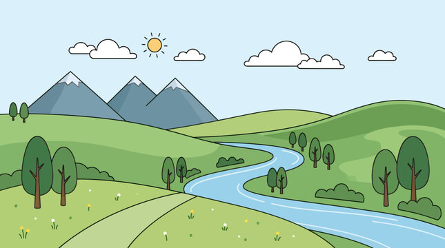 Cartoon landscape, green hills, mountain range, sunny day, vector illustration