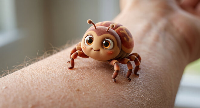 Cute 3D cartoon tick character with large eyes on a human arm. Stylized medical illustration for child-friendly healthcare and safety awareness.