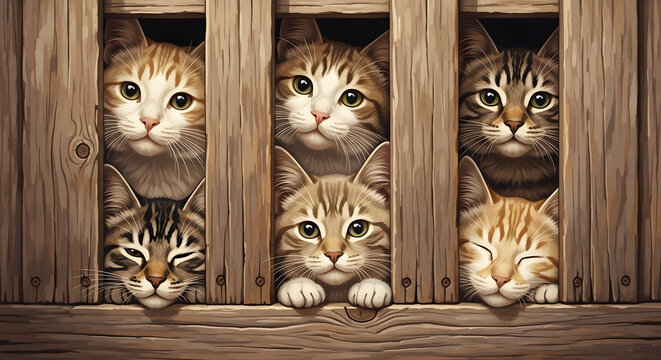 Portrait of multiple cats framed tightly between wooden planks