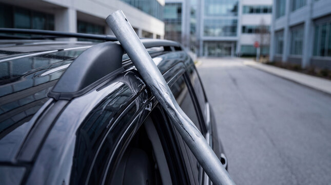 Metal pipe crashed into car roof. Road accident with vehicle damage. Insurance claim preparation and traffic incident evidence. Automotive repair and safety assessment concept.