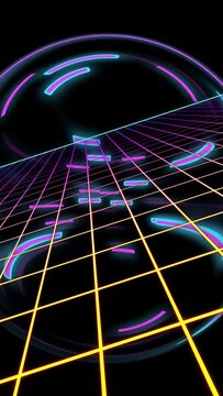 Vertical video: Neon grid and ring rotating, cyan dashes pulsing, beam dropping flashing to loop