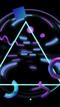 Vertical video: Neon cyan triangle centering, dashes pulsing, orbiting shapes, beam starting loop