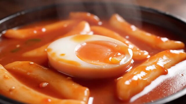 Delicious Korean Tteokbokki with Spicy Sauce and Sesame Seeds.