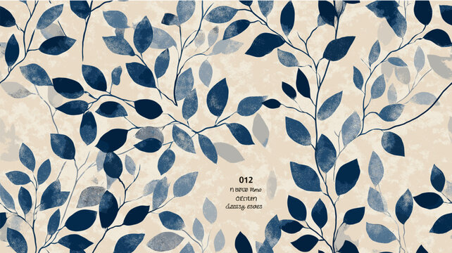 Seamless botanical pattern showing stylized branches and leaves on a textured beige background. Seamless Japanese woodblock-style pattern with blue leaves