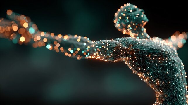 human transforming into digital hologram, futuristic identity concept, copy space