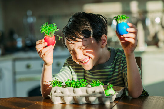 Smiling boy holding Easter egg with growing cress