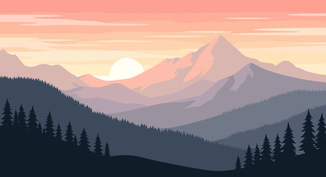 A tranquil scene of silhouetted pine trees against a deep blue background evokes feelings of serenity and mystery, ideal for nature-themed marketing o