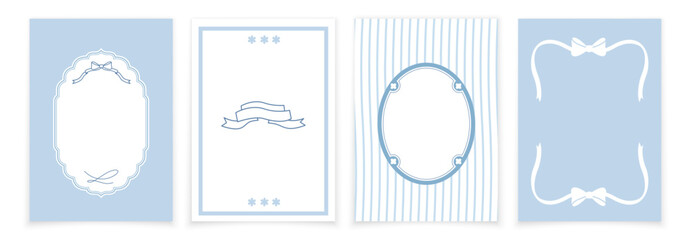 Set of four blank templates for wedding invitations, cards in light blue and white tones. Templates with decorative frames, ribbons and bows. © olhatszrv