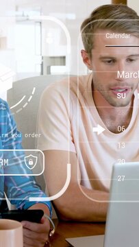 Vertical video: Woman tapping phone, man typing laptop, AR map updating order status and confirming