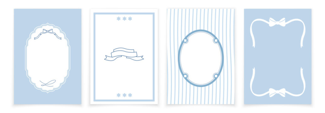 Set of four blank templates for wedding invitations, cards in light blue and white tones. Templates with decorative frames, ribbons and bows.