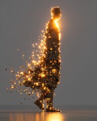 Fototapeta premium human silhouette dissolving into pixels and light, digital evolution concept, copy space