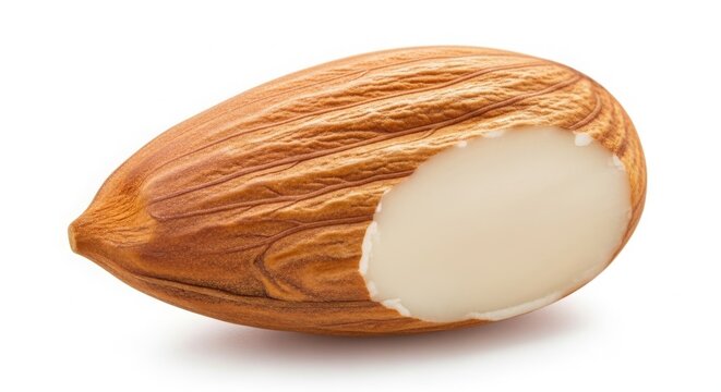 Whole raw almond nut with bite mark, organic brown almond seed showing white interior, healthy vegan snack ingredient for food packaging isolated on White Background