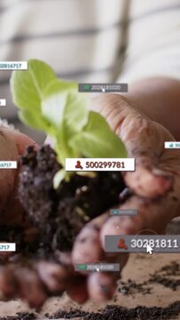 Vertical video: Soil-covered hands entering and cradling seedling, UI badges shifting for gardening