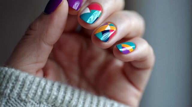 Nail art manicure with colorful geometric, A woman's hand displaying intricate and colorful nail art
