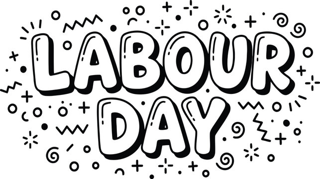 A black and white doodle illustration spelling out the words labour day