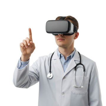 Young caucasian man in a white lab coat wearing a modern virtual reality headset and pointing upward against a transparent studio background medical innovation concept