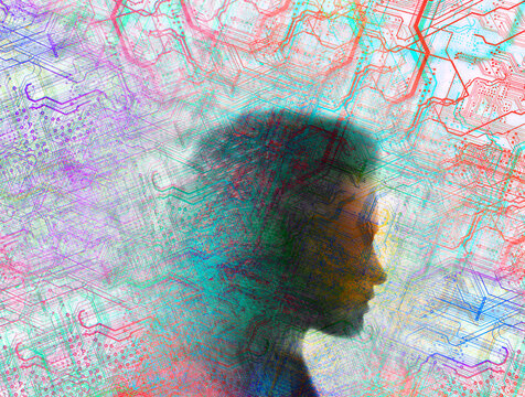 Artificial intelligence concept with female humanoid silhouette
