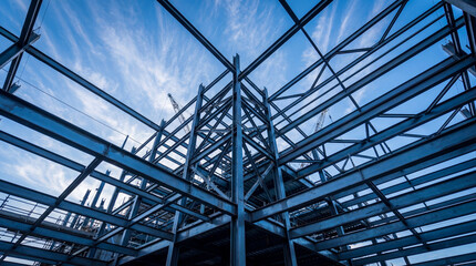 Fototapeta premium Close-up of a robust steel framework forming a modern building structure under construction against a clear blue sky