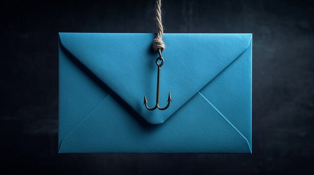 Blue envelope pierced by fish hook symbolizing email security cyber threat phishing and malicious attachment lure.