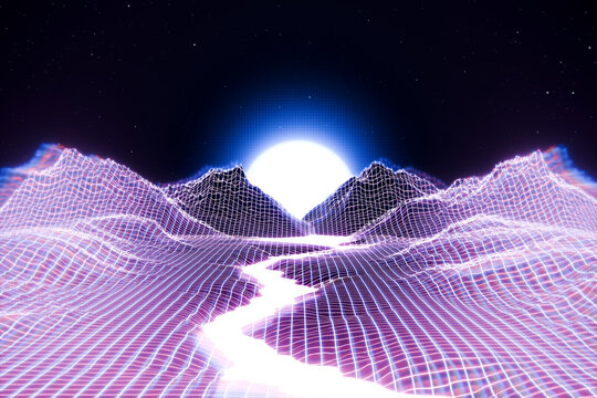 Vaporwave digital 3d landscape with neon grid mountain and sun