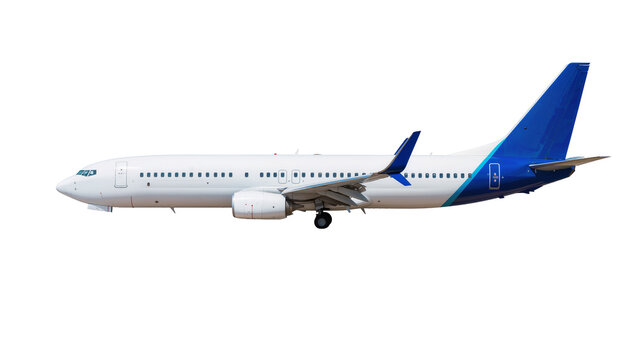 Modern passenger airplane with blue tailfin and white fuselage side view