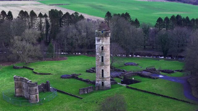 Historic Castle Ruins, Parkland Landscapes, Eglinton Kilwinning, Scotland, Cinematic Aerial Dolly View