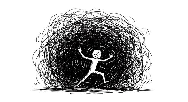 The overwhelming feeling of being trapped and distressed within a chaotic whirlwind of anxious thoughts and emotions, depicted through a distressed figure
