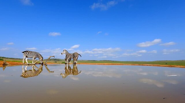 Ground level view of zebras drinking at waterhole with reflections on sunny day