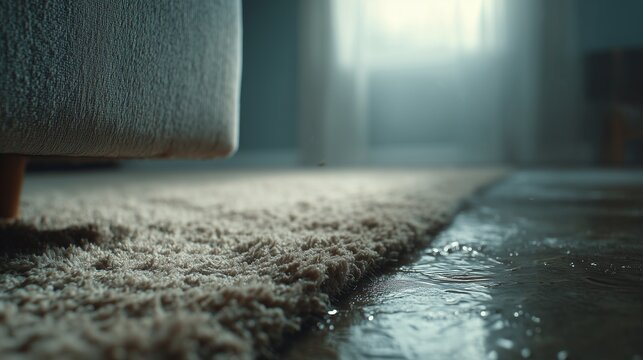 Carpet edge and hardwood floor with standing water near sofa illustrating indoor water damage and restoration need.