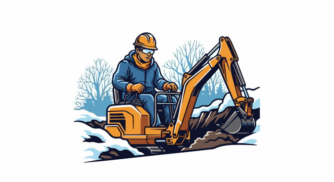 Worker in excavator digging in snowy, winter landscape with bare trees