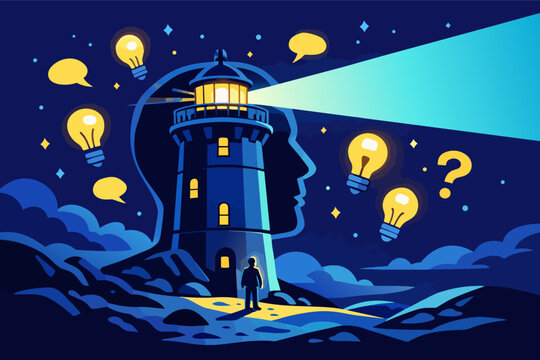 Human mind illuminating clear ideas and guidance, a person finding direction with lighthouse insights