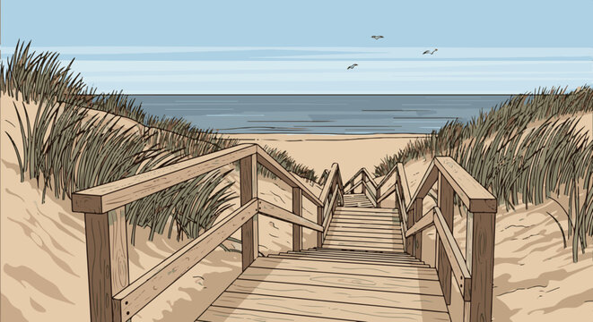 Wooden stairs descend through dunes to a sandy beach and calm ocean under a blue sky with two birds