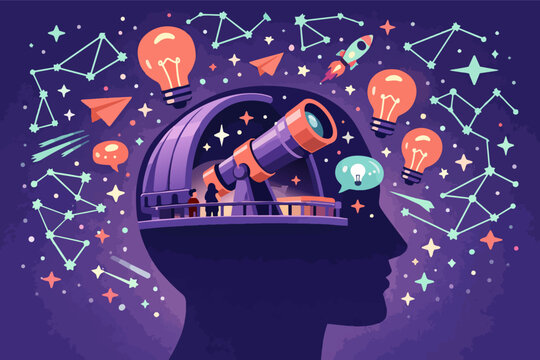 Human head silhouette opening mind to universe exploration, discovering new ideas, observing space with a telescope