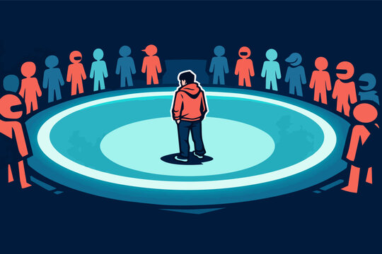 Young man standing alone in spotlight, community circling, feeling isolated and social anxiety