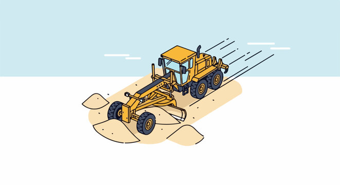Yellow road grader leveling sandy terrain with stylized motion lines