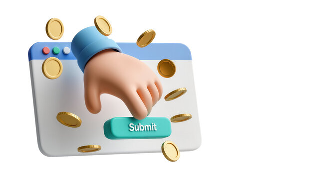Stylized Digital Tablet with Hand and Gold Coins Near Submit Button