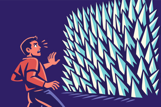 Man facing dangerous spikes, feeling surrounded by fear and risk, overwhelming obstacle or challenge concept