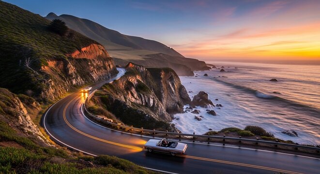 Winding coastal road at sunset with a white van driving along the cliffside highway