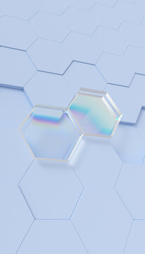 Iridescent glass hexagons on a minimalist geometric background