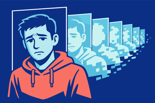 Young man experiencing depersonalization and derealization, losing sense of self and mental identity