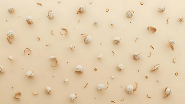 Miniature white fiber swirls on beige flat lay background
