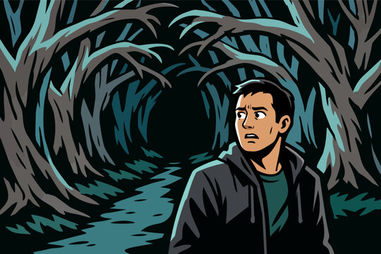 Young man feeling fear and anxiety while lost in a dark, spooky forest at night, walking a mysterious path