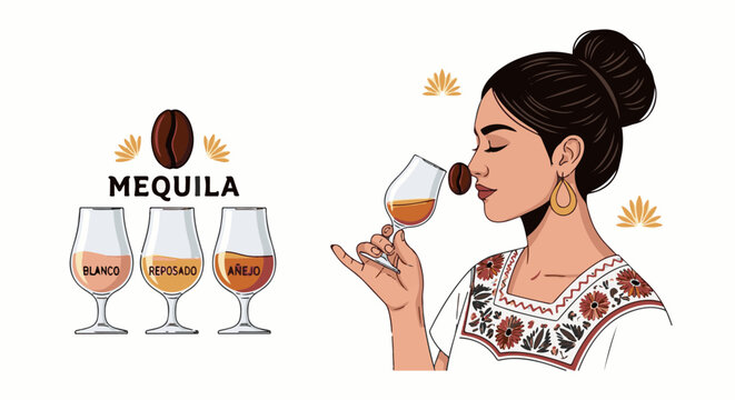 Woman with nose to glass of amber spirit, and three tasting glasses