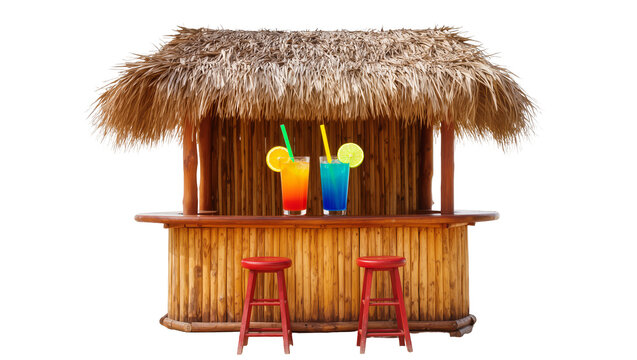 Rustic bamboo tiki bar with thatched roof and colorful cocktails