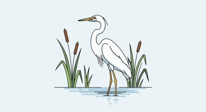 White egret stands in calm shallow water surrounded by green reeds and brown cattails