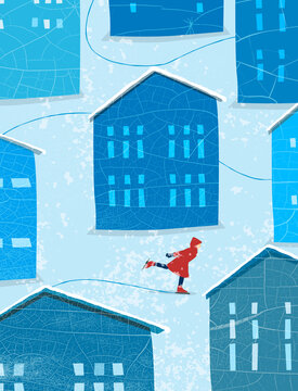 Girl skating through snowy town among blue houses in winter