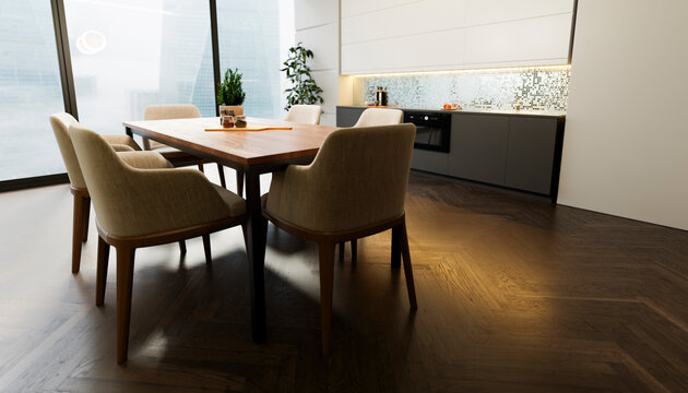 Modern minimalist dining room and kitchen interior with nobody