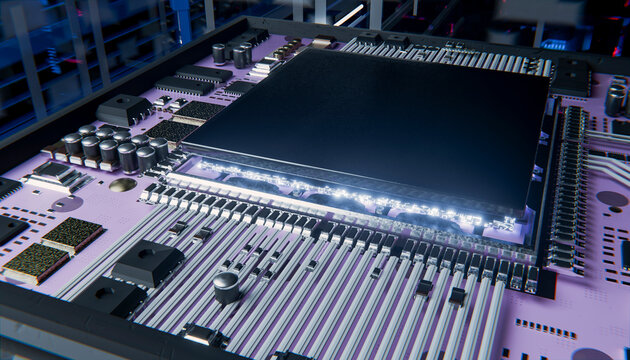Close up of a modern glowing microchip on a purple motherboard
